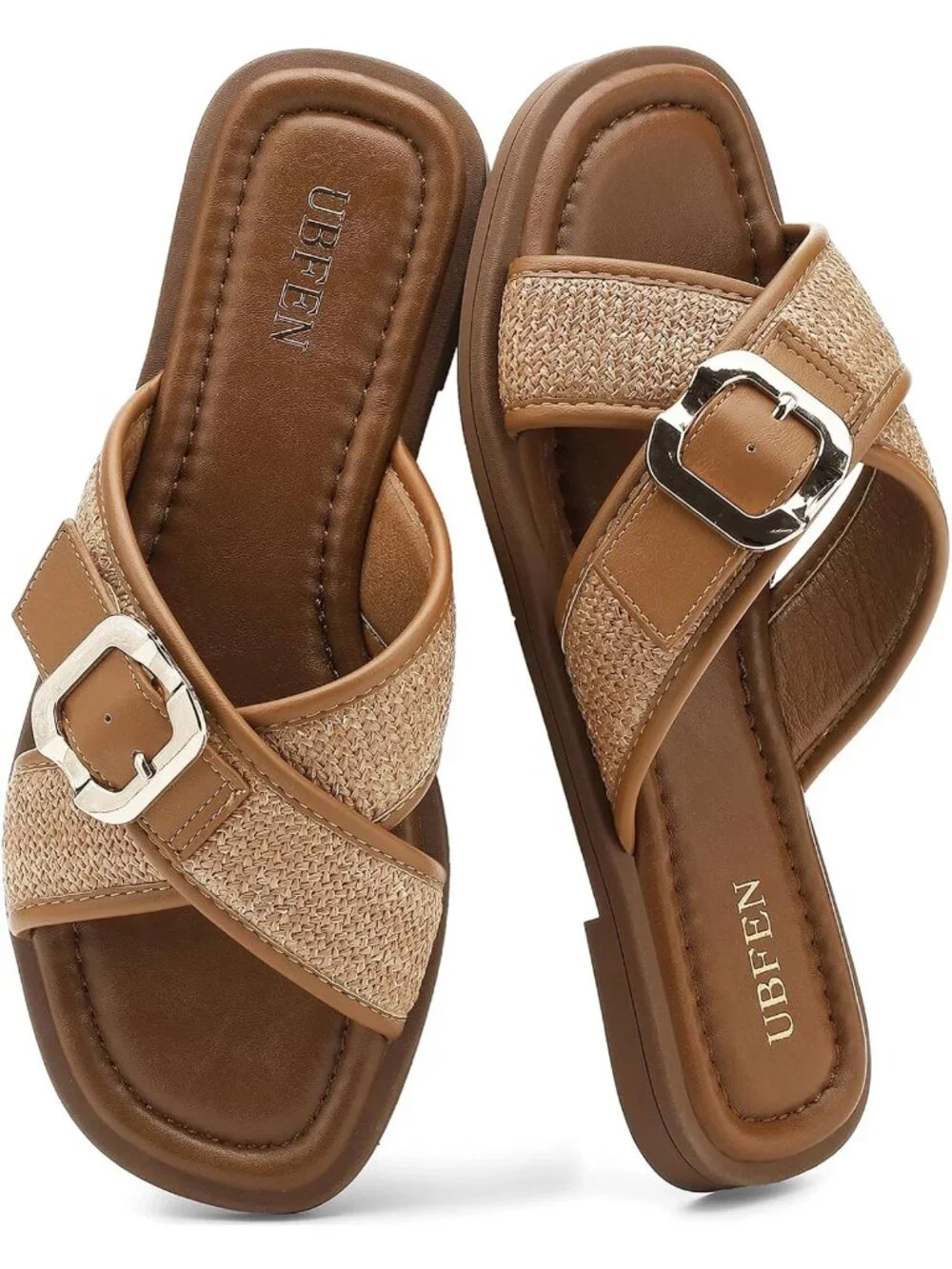 Women's Tan Square Toe Flat Sandals Slides Dressy Comfortable for Casual